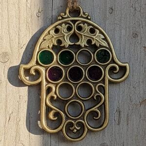 Large polished golden brass openwork Hamsa hand Jewelry, Green and Purple Accent